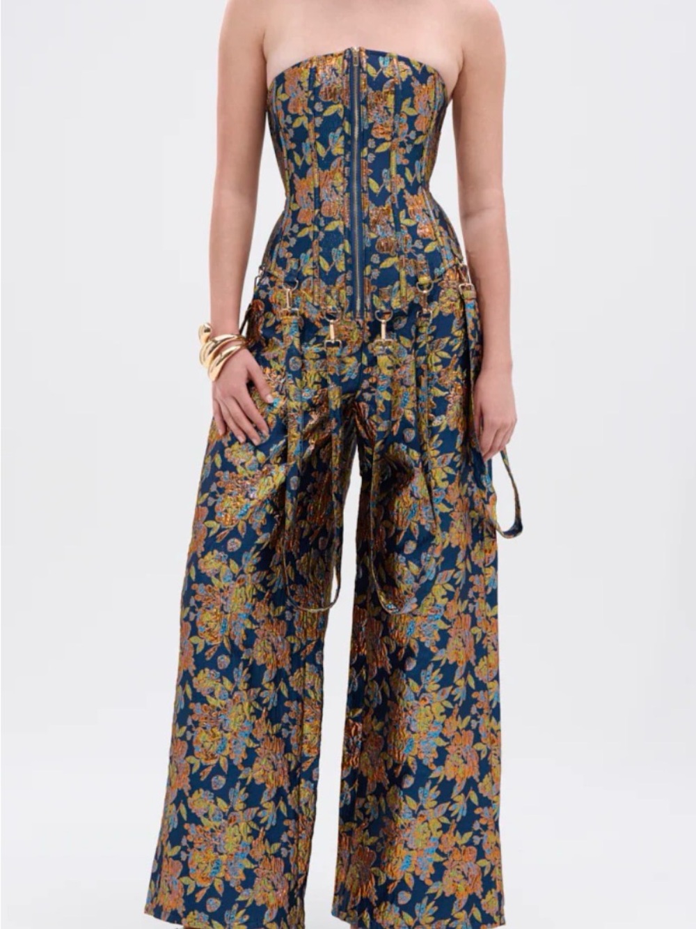 AKIRA Navy Brocade Corset Top and Pants Set - Picture 3 of 13